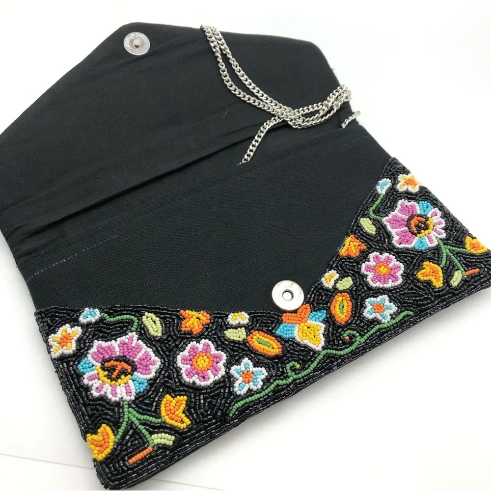 Floral Skull Accented Seed Beaded Clutch or Crossbody Bag
